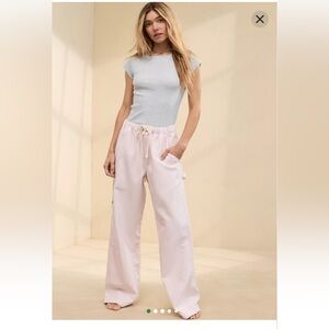 Aerie Low & Slouchy Light Pink Striped Cargo Tie Waist Pants size S runs large